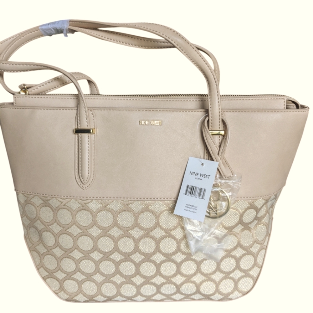 Nine West Reana 9s Jacquard Large Tote Purse Bag Gold and Pinkish Beige NWT